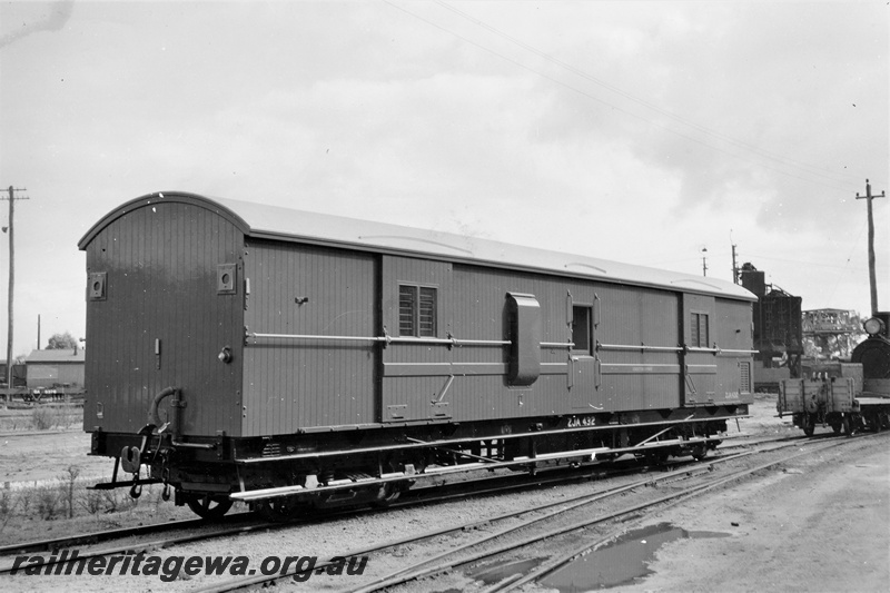 P20318
ZJA class 432 passenger brake van with cold storage chamber, water column, steam loco, wagons, industrial siding, end and side view
