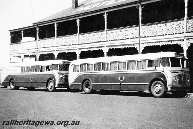 P20339
Western Australian Government Railways Road Service Foden passenger freighter and passenger bus, outside Palace Hotel, side and front views
