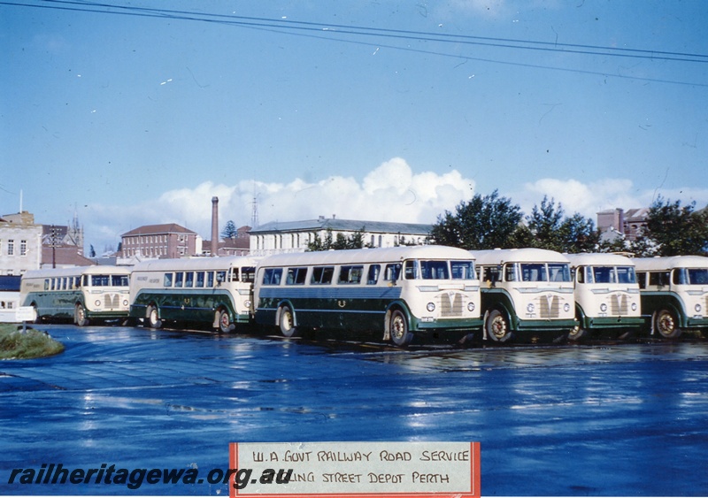 P20340
Western Australian Government Railways Road Service Depot, Stirling Street, Perth, with multiple Foden passenger buses and freighters parked, general view from road level
