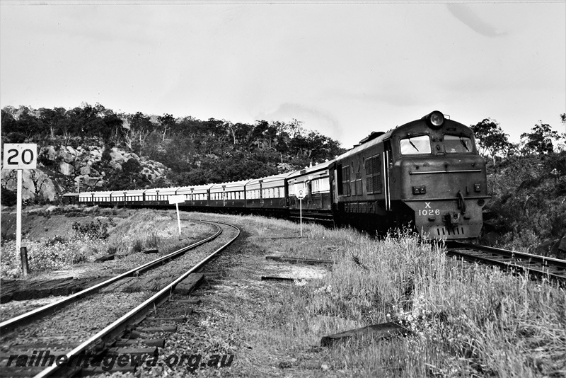 P20342
X class 1026 hauling the refurbished Australind set just having exited the Swan View Tunnel heading west, ER line, c1961
