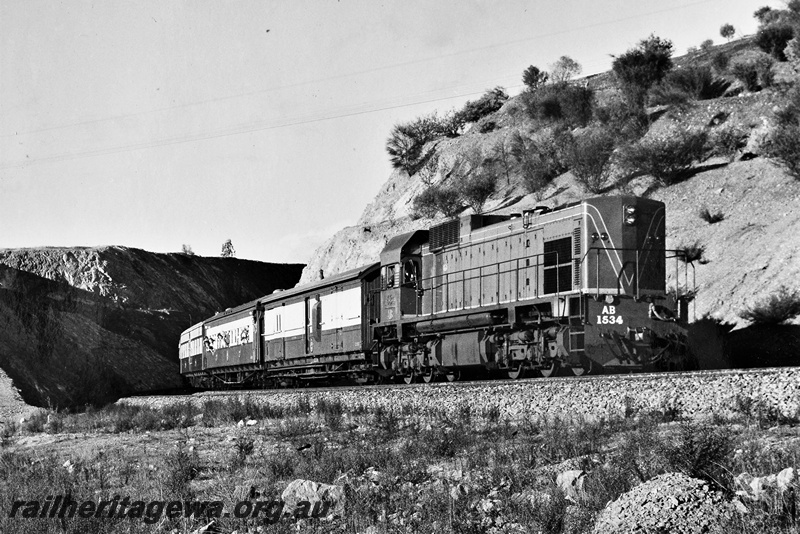 P20352
AB class 1534 on Australian Railway Historical Society tour train to York, Windmill Hill cutting near Toodyay, Avon Valley line, side and front view
