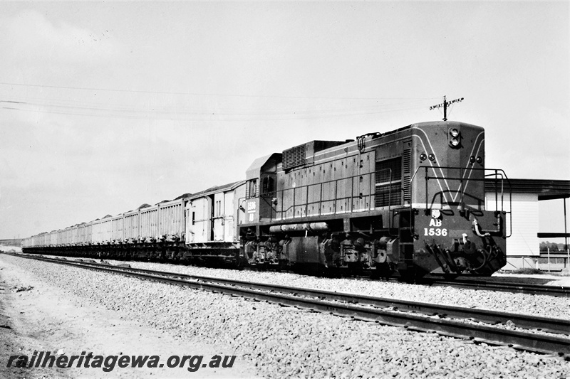 P20355
AB class 1536, on mineral sands train from Eneabba, Dongara station, DE line, side and front view
