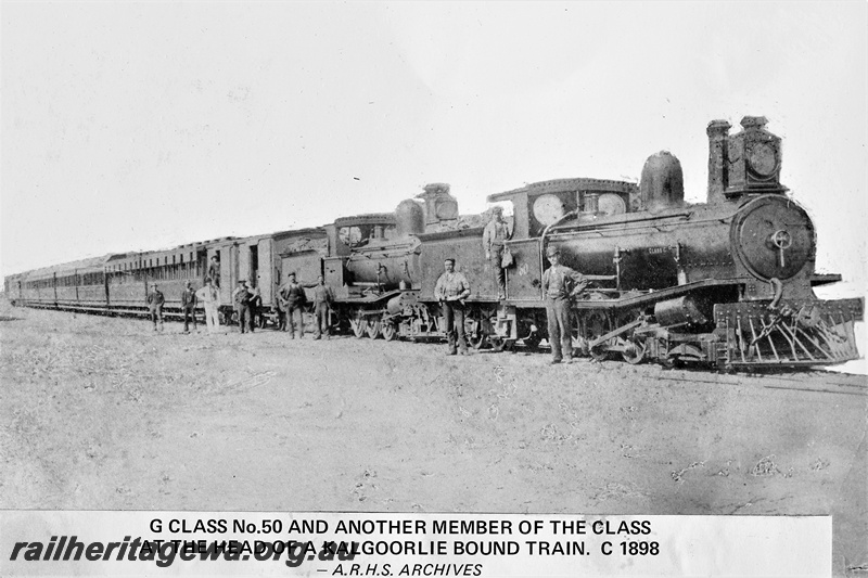 P20358
G class 50, another G class loco, double heading Kalgoorlie train, crews standing by,  EGR line, side and front view, c1898
