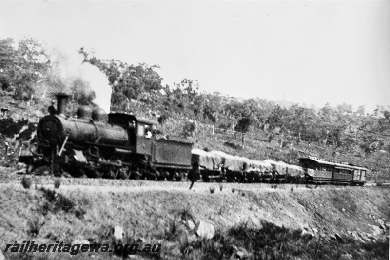 P20359
C class loco hauling a mixed train to Northam, bush setting, ER line, front and side view
