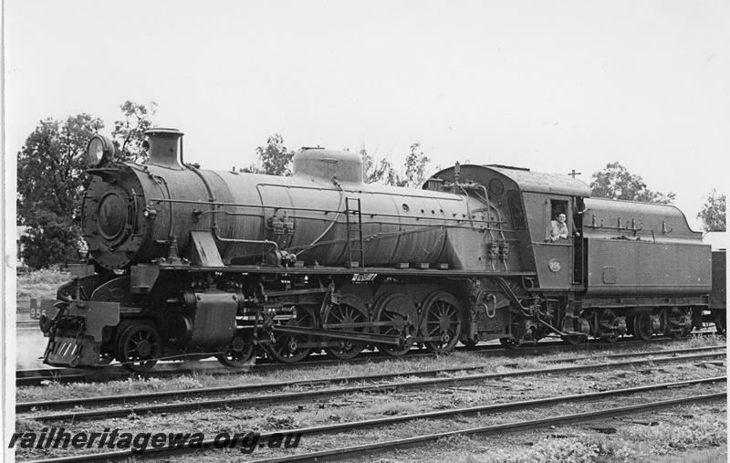 P20387
W class 956 standing in station yard. Three-quarter front view. Location unknown.
