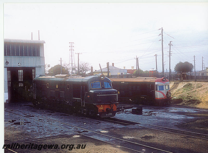 P20425
X class 1016 and ADF class 493 both in all green livery,  at East Perth diesel locomotive depot. ER line.
