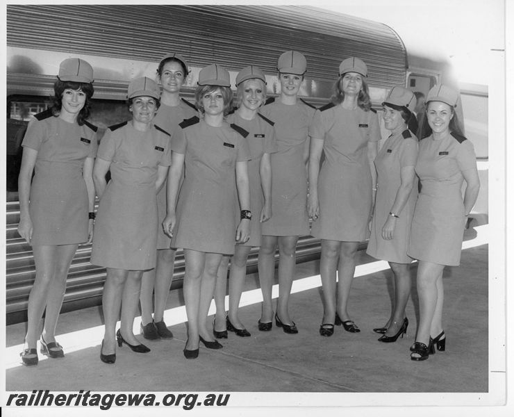 P20439
WAGR Stewardesses in front of Prospector Rail Car  at Perth Terminal. 
