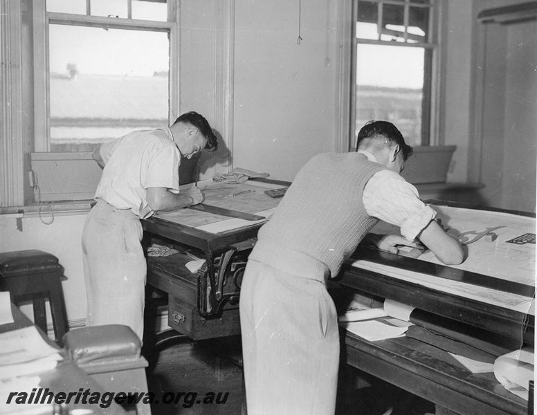 P20441
Apprentices, updating drawings, drawing boards, first floor, Chief Mechanical Engineer's building, Midland workshops, ER line, interior view
