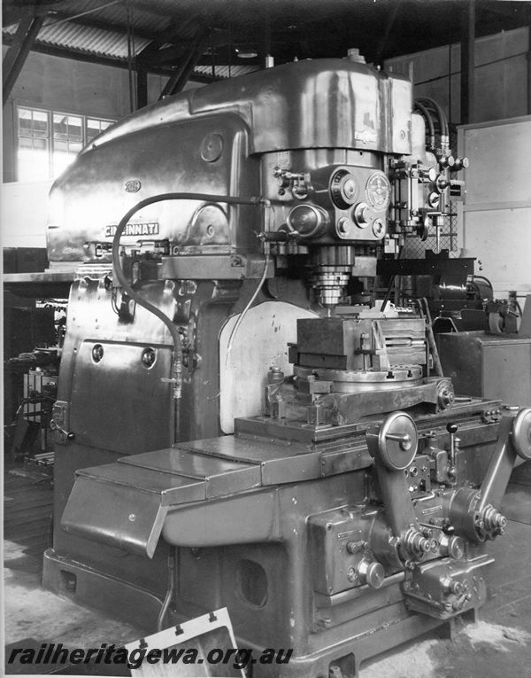 P20446
Cincinnati Hydrotel milling machine, copying a radius pattern (upper right), machining a drop forging die, tool room, Midland workshops, ER line, interior view
