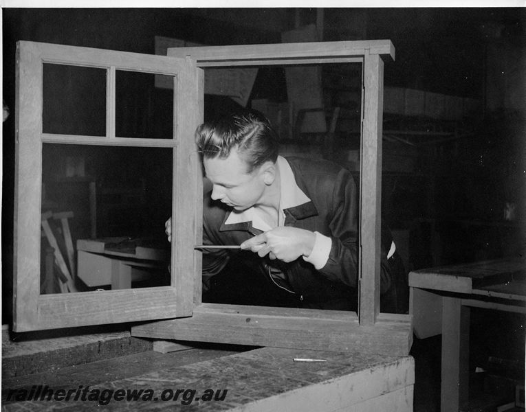 P20447
Apprentice carpenter, assembling window and frame, wood mill, Block 1, Midland workshops, ER line, interior view
