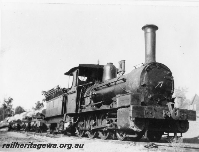 P20489
Bunning Brothers A class 3, ex SASR, on timber train, Nyamup, side and front view 
