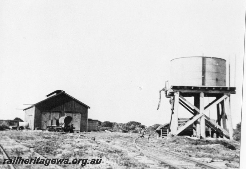 P20495
Loco depo for G class locos, shed, water tower, points, Hopetoun, HR line, view from track level, c1935
