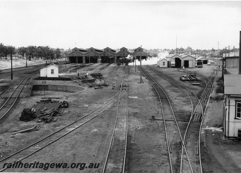 P20496
Loco depot, now site of East Perth terminal, steam locos, turntable, sheds, points, sidings, trackwork, East Perth, ER line, view from elevated position
