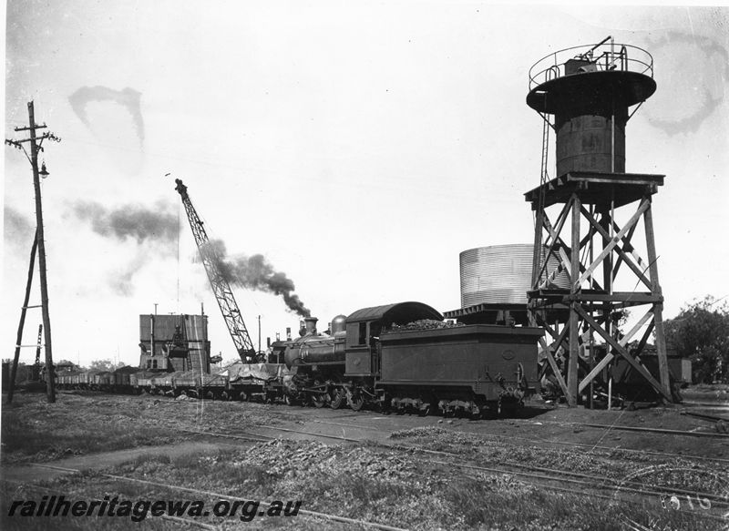 P20497
ES class 334, on a train of ash wagons, water tower, water tank, coal stage, crane, side and end view, c1920
