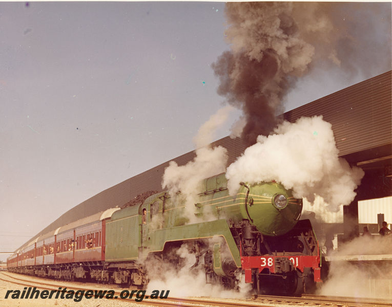 P20509
NSWGR C38 Class 3801, on special passenger train to Leighton, departing East Perth terminal, ER line, 