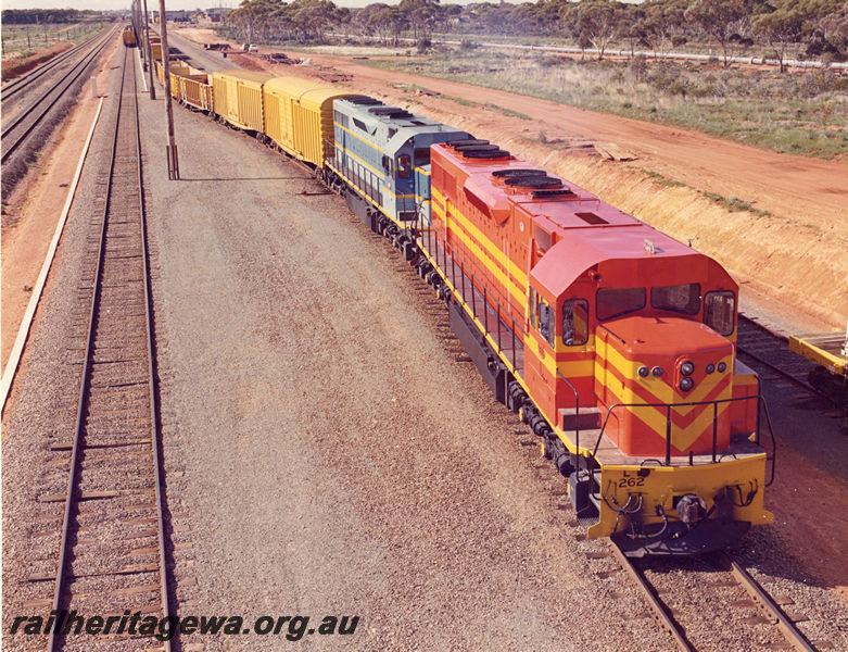 P20512
L class 262 in international orange livery, with another L class in light and dark blue with yellow stripe, double heading freight train, West Kalgoorlie, EGR line, side and front view from elevated position
