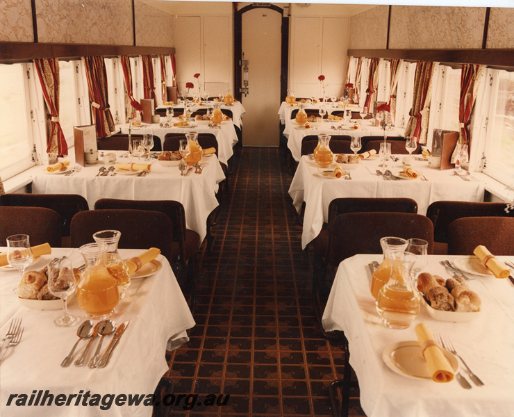 P20522
Hotham Valley Railway, AV class 426 dining car, interior view, tables set for a meal
