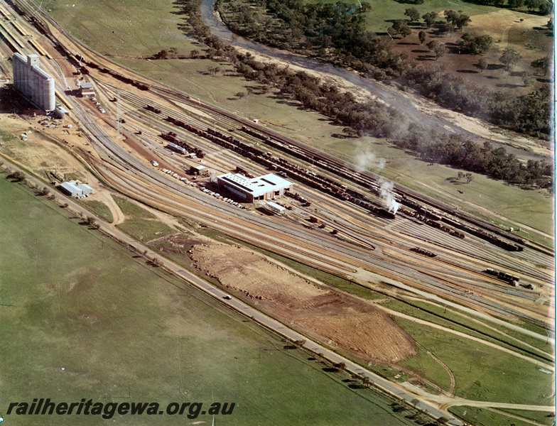P20524
Avon Yard, silos, sidings, sheds, rolling stock, river, countryside, ER line, aerial view
