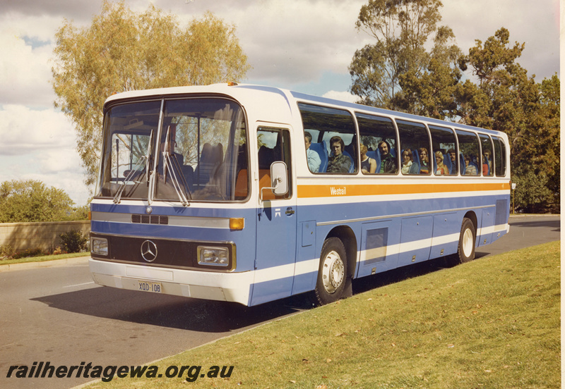 P20539
Westrail Mercedes bus XOD-108, with passengers and driver on board, front and side view
