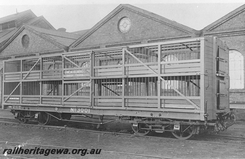 P20558
S class 3001 bogie sheep wagon, built by Midland Carriage and Wagon, side and end view
