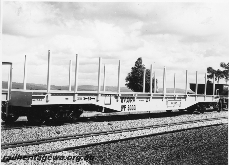 P20565
WF class 30001 standard gauge bogie flat top wagon, later converted to WFW class wagon, end and side view
