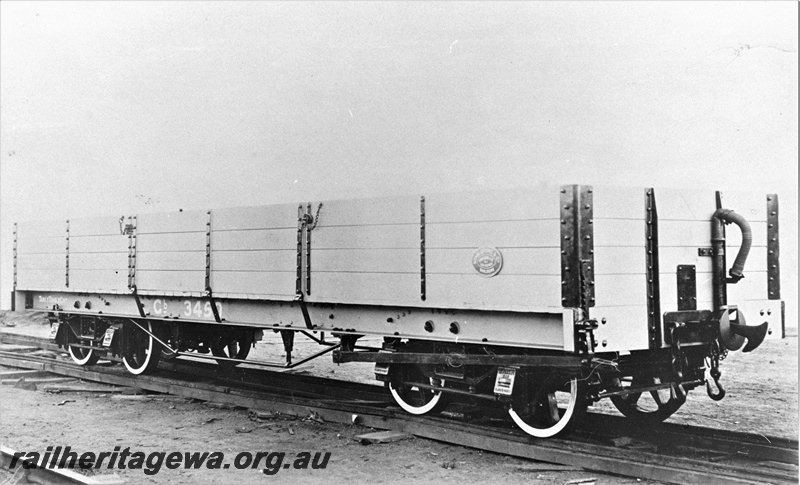P20577
GB class 3450 open bogie wagon, built by Stableford, bodywork painted in grey with black ironwork, later reclassified as R class 3450 wagon, side and end view
