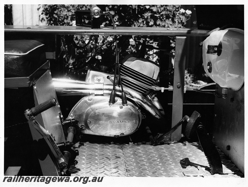 P20584
Two-seater gangers trolley No. 509, powered by Suzuki engine, closeup of engine, 4 of 4
