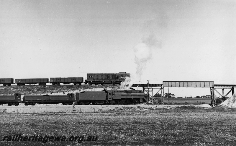 P20587
NSWGR C38 Class 3801 on Western Endeavour service passing under Meenaar Flyover, A Class A class 1505 on narrow gauge goods train on flyover, both trains heading towards Northam
