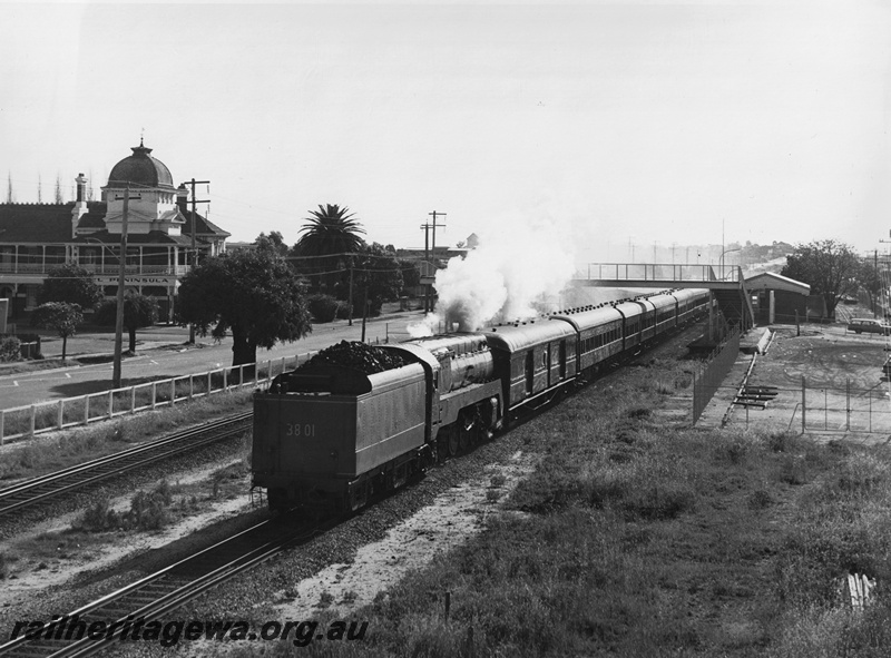 P20589
NSWGR C38 Class 3801 tender first with empty coaching stock from Forrestfield for a Western Endeavour tour train, passing through Maylands Station, bound for Perth Terminal
