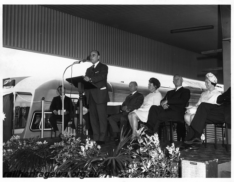 P20602
Premier John Tonkin addressing guests at the launch of the Prospector service, Perth Terminal
