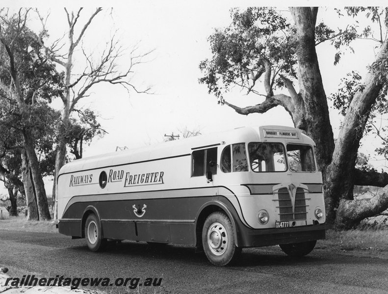 P20692
Railways Road Freighter bus, WAGOV4777, en route between Bunbury and Flinders Bay, side and front view
