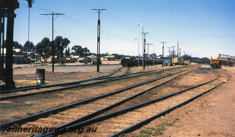P20782
Widgiemooltha station yard. Nickel train and town buildings  on left,  station building in centre of the photo. CE line. 
