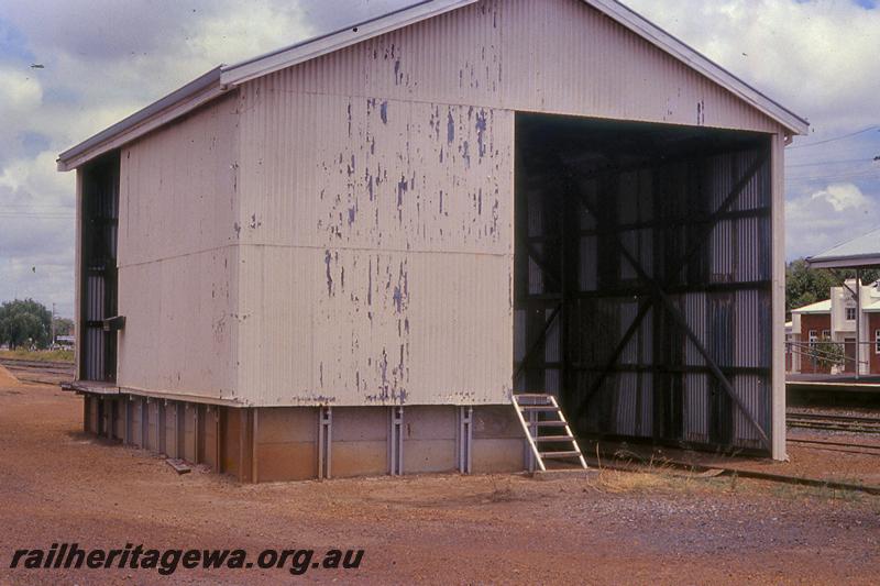 P21064
2nd class goods shed, Yarloop, SWR line, rear and north end view, note the Yarloop hall in the background
