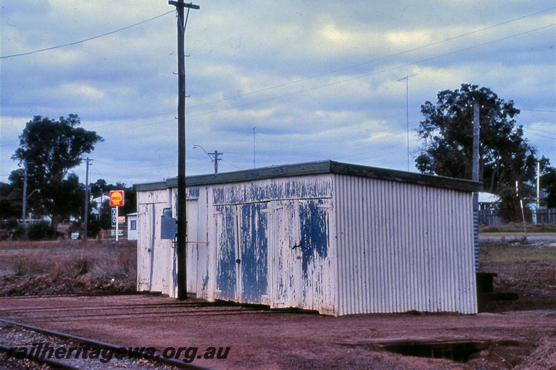 P21066
Gangers shed, Kojonup, in run down condition, DK line,  trackside and end view, note the rails coming from the shed.  
