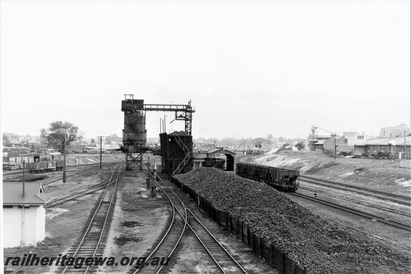 P21090
Coaling plant, coal bunker, coaling stage, tracks, wagons, East Perth running sheds, ER line, elevated view
