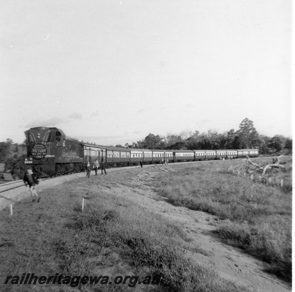 P21154
A class 1506 on an ARHS tour train to Jarrahdale, train stopped for a photostop, view along the train
