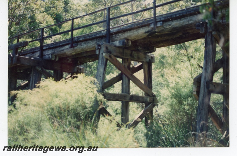 P21207
Wooden trestle bridge over Margaret River, BB line, view from beneath bridge, c1980s
