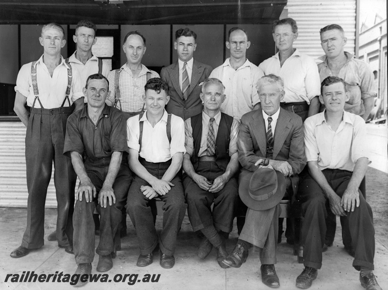 P21232
Group photo of an un-named committee at the WAGR's Midland Workshops: Back row, A. Risbey, J. Shepperd, A. Woods, J. Craig (auditor), L. Thornhill, A. Marshall, W. Wright. Front Row, L. Hasluck (treasurer), J. Pull (secretary). J. Millar (chairman), R. Johnston (Works Manager), F. Richardson (vice chaiman. taken between 1935 & 1940
