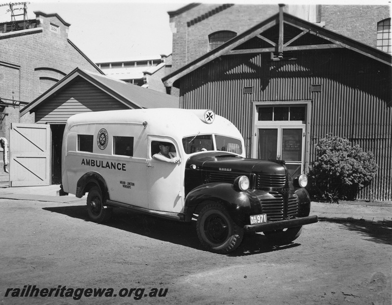 P21233
Midland Workshops ambulance built on a Dodge chassis, Number plate 