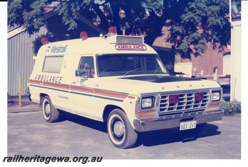P21235
Westrail ambulance built from a Ford F100, number plate 6QI 2 17, side and front view
