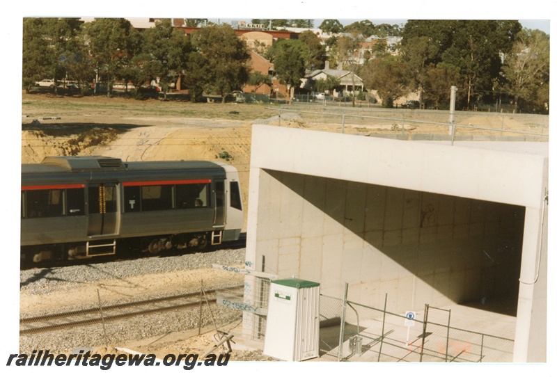 P21236
Subiaco station - construction of tunnel at western end. Shows an A series railcar with a red stripe above the windows. ER line 
