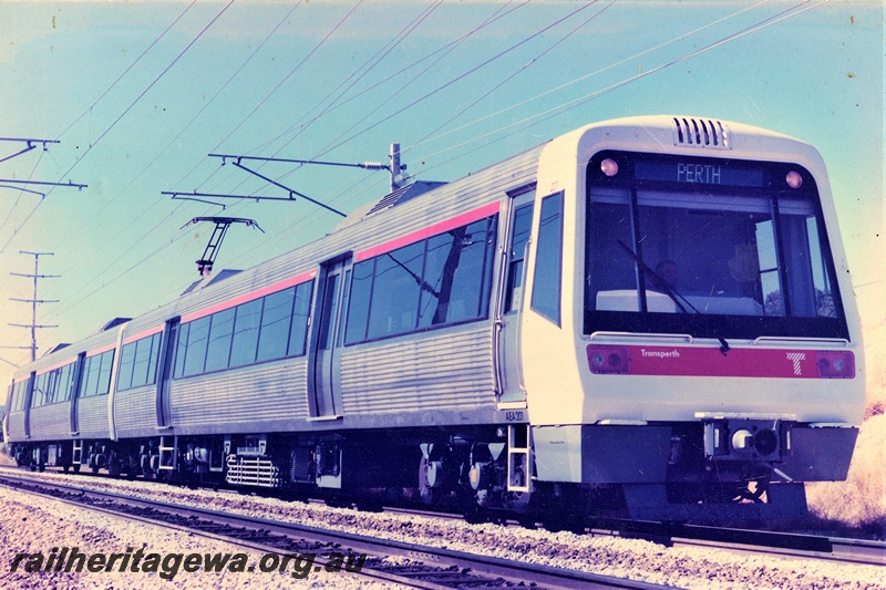 P21251
EMU two railcar set comprising AEA class 201 with AEB class trailer, white front with red stripe across the front and over side windows, side and front view
