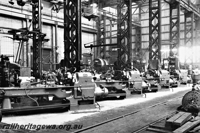 P21260
Multiple Dean Smith and Grace lathes, in the Machine Shop, Midland Workshops, ER line, view from floor level, c1937

