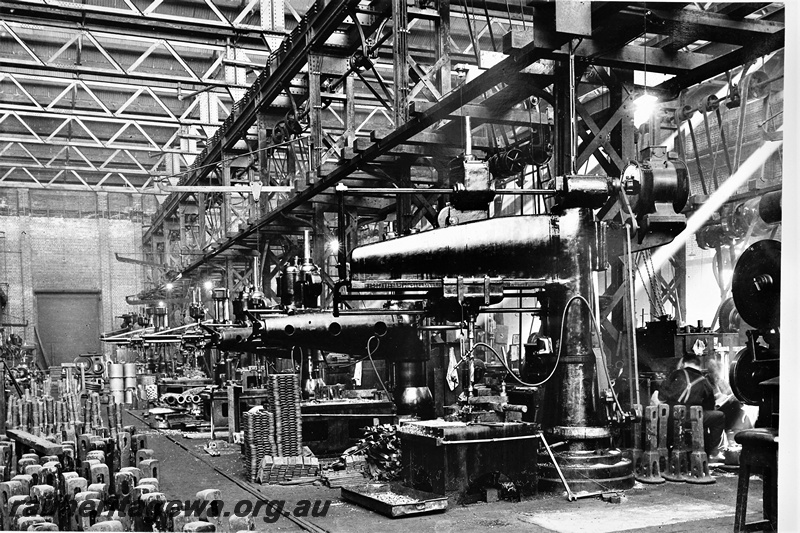 P21261
Heavy forging equipment, in the Blacksmiths Shop, Midland Workshops, ER line, view from floor level, c1937
