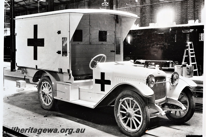 P21262
Ambulance in used at Midland Workshops, ER line, side and front view, c late 1920s
