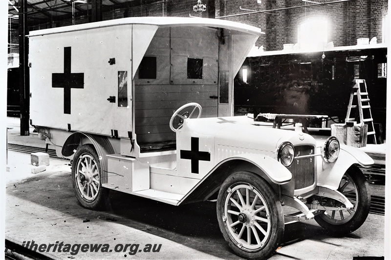 P21262
Ambulance in used at Midland Workshops, ER line, side and front view, c late 1920s
