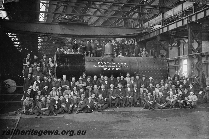 P21268
Group photo, workers with 200th boiler to be manufactured by the WAGR loco dept, inside Midland Workshops, ER line, c1907
