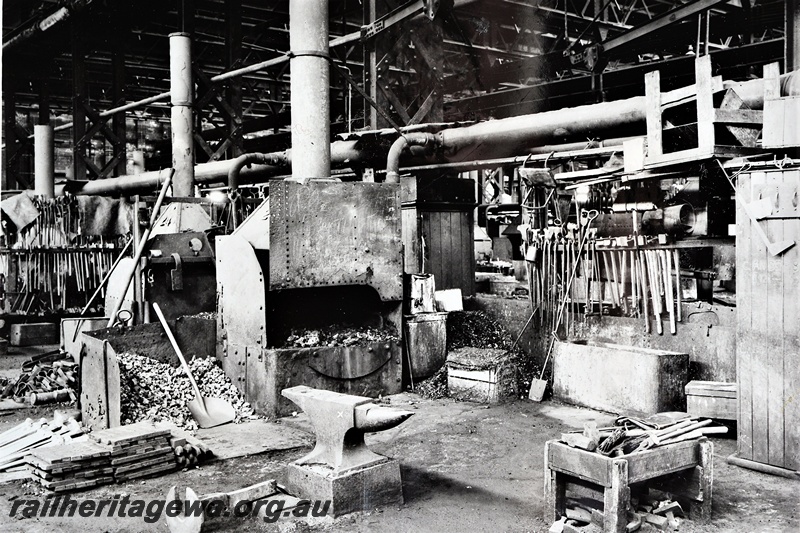 P21272
Interior of the Blacksmiths Shop, forges, anvil, various tools and implements, Midland Workshops, ER line, floor level view, c1935
