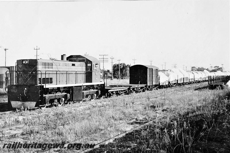 P21285
M class 1852, on a goods train including flat wagons, van, and sheeted superphosphate wagons, sidings,  Bassendean, ER line, front and side view
