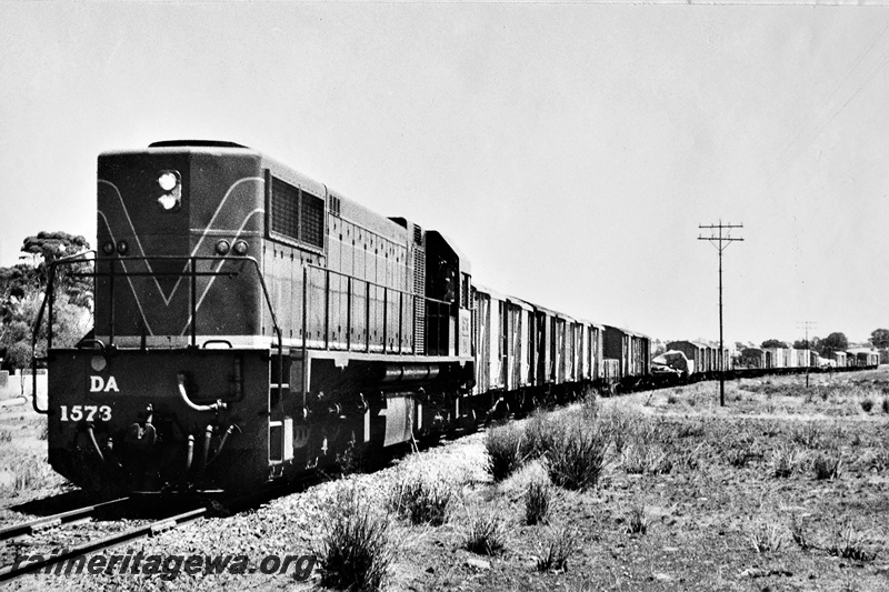 P21295
DA class 1537, on goods train, approaching Wagin from Narrogin, GSR line, front and side view
